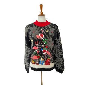 33 Degrees Christmas Sweater Womens Flamingo Christmas Black Long Sleeve XS